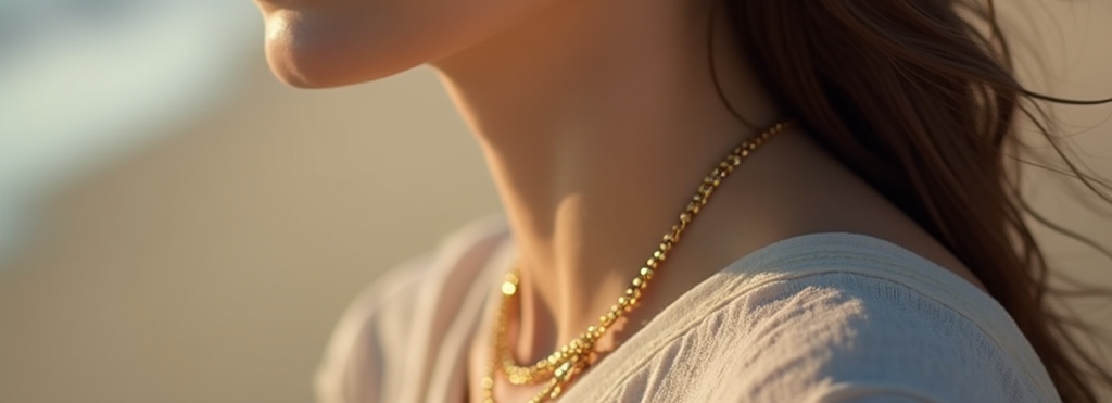 Woman wearing gold earrings and necklace with a blurred background
